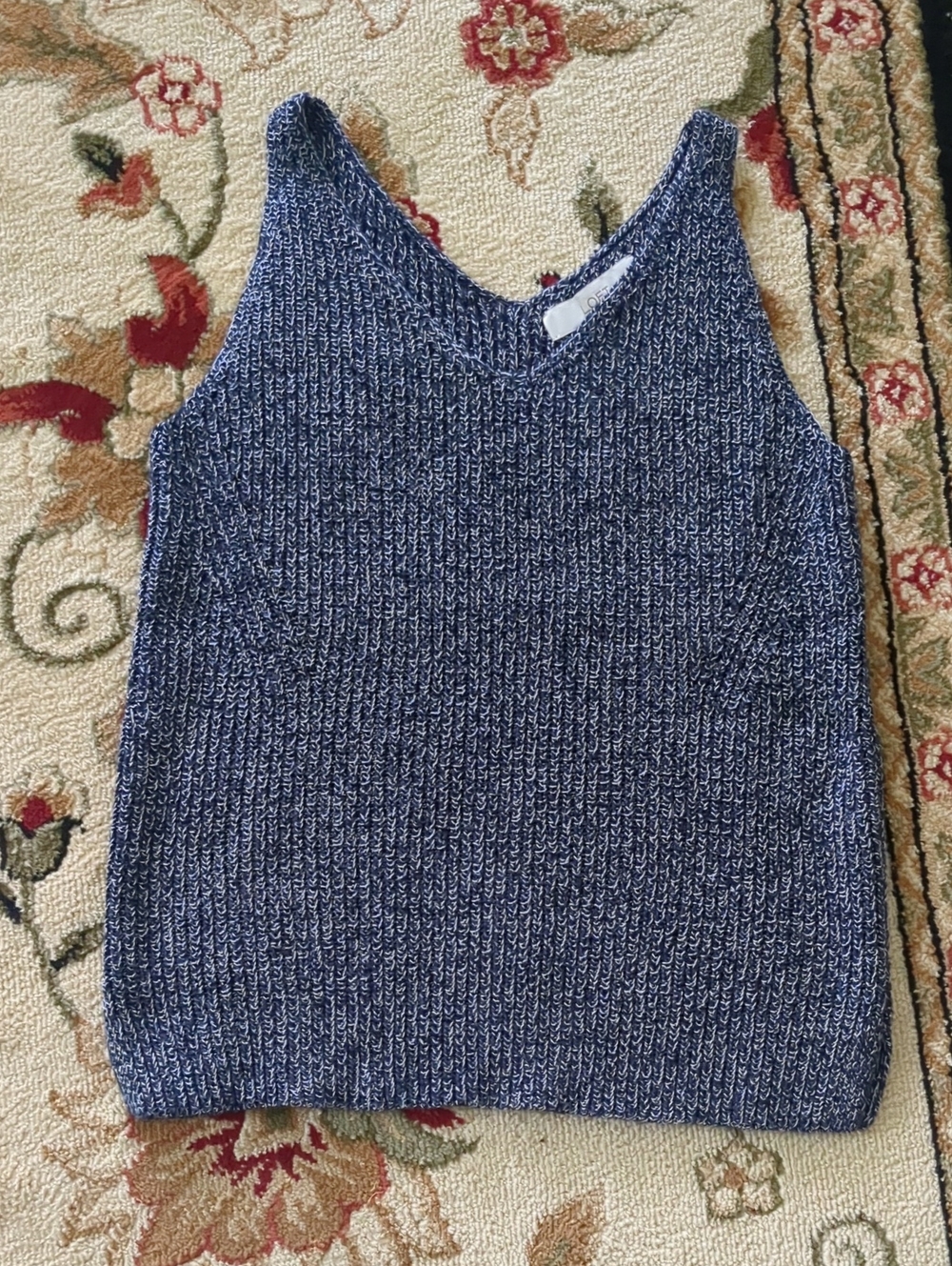 Loft Double V Neck Marled Knit Tank Sweater With Vented Hem Navy/White XSP